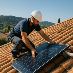 Technicien installant un panneau solaire sur un toit résidentiel dans les Alpes-Maritimes