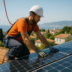 Équipe d’installateurs posant des panneaux solaires sur un toit plat à Cannes