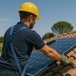 Technicien vu de dos montant un panneau solaire sous ciel clair à Grasse