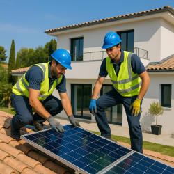 Équipe d’installation solaire à Antibes sur une maison moderne
