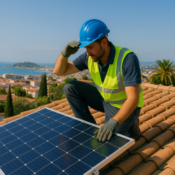 Technicien vérifiant un panneau solaire sur toit avec vue sur Cannes