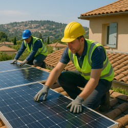 Équipe solaire au travail dans une maison avec vue sur les collines de Grasse