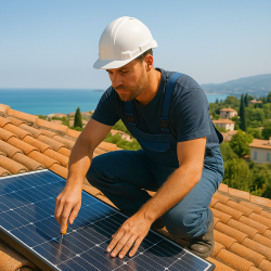 Installateur fixant un panneau photovoltaïque sur un toit surplombant la mer dans les Alpes-Maritimes