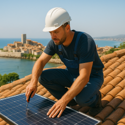 Technicien posant un panneau photovoltaïque sur un toit avec vue sur le vieux port d’Antibes