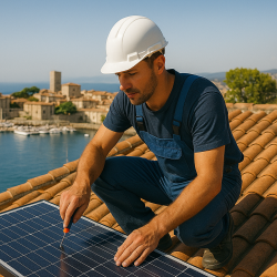 Technicien installant un panneau photovoltaïque sur un toit à Cannes avec vue sur le port et la ville