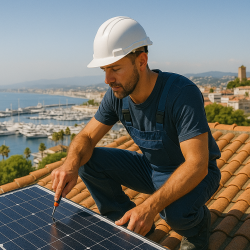 Pose d’un panneau photovoltaïque sur un toit en tuiles à Draguignan avec vue sur la ville et les collines