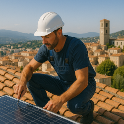 Professionnel installant un panneau photovoltaïque sur un toit à Grasse, avec vue sur la ville et son clocher