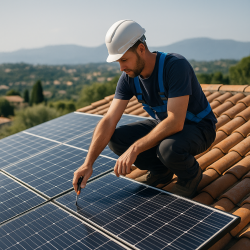 Professionnel installant des panneaux solaires sur un toit dans les Alpes-Maritimes, sous un ciel ensoleillé