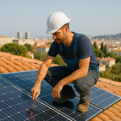 Pose d’un panneau solaire par un technicien sur un toit en tuile à Cannes, avec vue sur la ville en arrière-plan