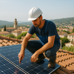 Installateur de panneaux solaires sur un toit à Draguignan, avec clocher et collines en arrière-plan