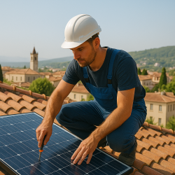 Pose d’un panneau solaire sur un toit à Grasse avec collines et clocher en arrière-plan