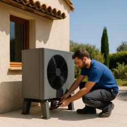 Technicien installant une pompe à chaleur dans une maison des Alpes-Maritimes