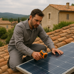 Technicien effectuant un diagnostic sur panneaux photovoltaïques dans le Vaucluse
