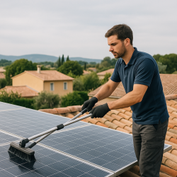 Technicien nettoyant des panneaux solaires sur une toiture dans le Vaucluse