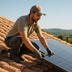 Technicien installant des panneaux photovoltaïques sur un toit dans le Gard