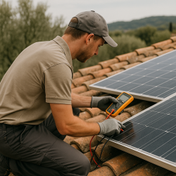 Technicien assurant la maintenance de panneaux solaires dans le Gard