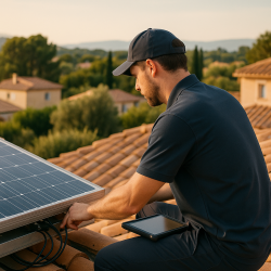 Technicien inspectant une installation solaire résidentielle sur toiture dans le Var