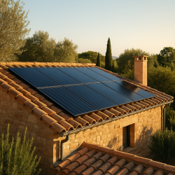 Installation de panneaux solaires monocristallins sur une toiture dans le Gard, maison entourée de végétation méditerranéenne